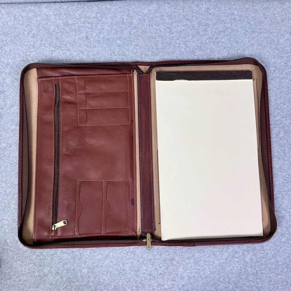 Vintage Brown Leather Portfolio Briefcase Document Case Top Handle Zip Closure